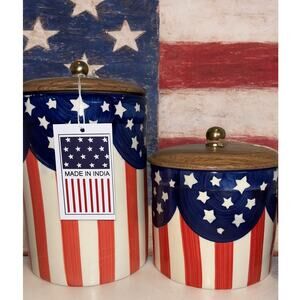4th of July Patriotic Flag Canisters Made In India American USA Tall & Short 2